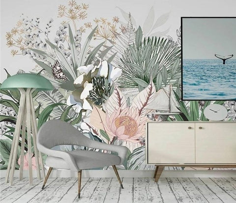 Image of Nordic Hand Painted Tropical Wallpaper Mural, Custom Sizes Available