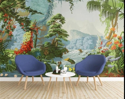 Image of Mural de papel tapiz de selva tropical pintado a mano, tamaños personalizados disponibles