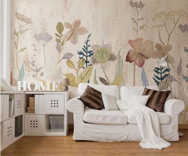 Hand-Painted Garden Flower Wallpaper Mural, Custom Sizes Available
