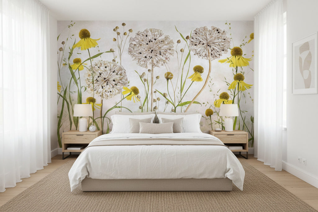 Pastoral Hand-Painted Dandelions Wallpaper Mural, Custom Sizes Available