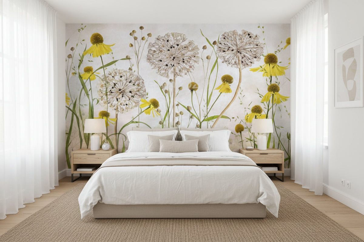 Pastoral Hand-Painted Dandelions Wallpaper Mural, Custom Sizes Available