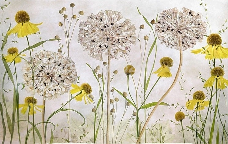 Pastoral Hand-Painted Dandelions Wallpaper Mural, Custom Sizes Available