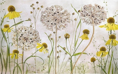 Image of Pastoral Hand-Painted Dandelions Wallpaper Mural, Custom Sizes Available