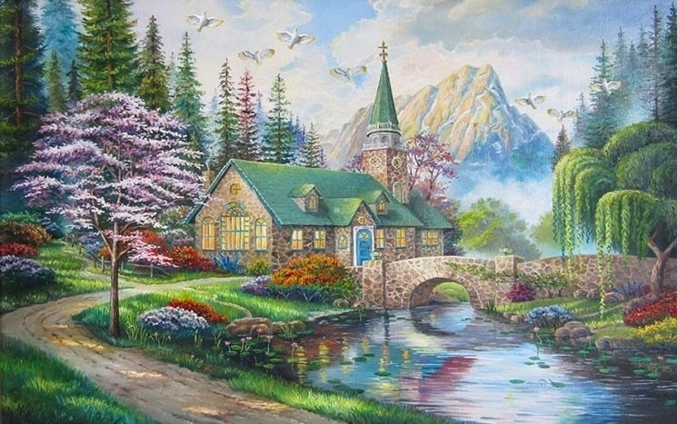 Mural autoadhesivo de papel pintado con iglesia campestre idílica, tamaños personalizados disponibles