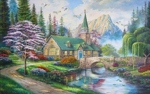 Image of Idyllic Country Church Wallpaper Mural, Custom Sizes Available