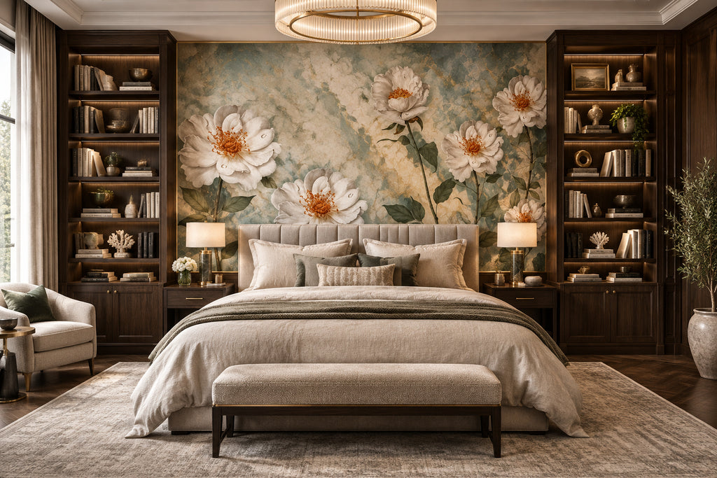Vintage White Roses Wallpaper Mural, Custom Sizes Available