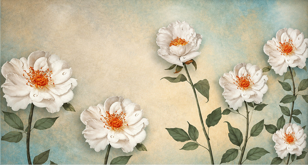 Vintage White Roses Wallpaper Mural, Custom Sizes Available