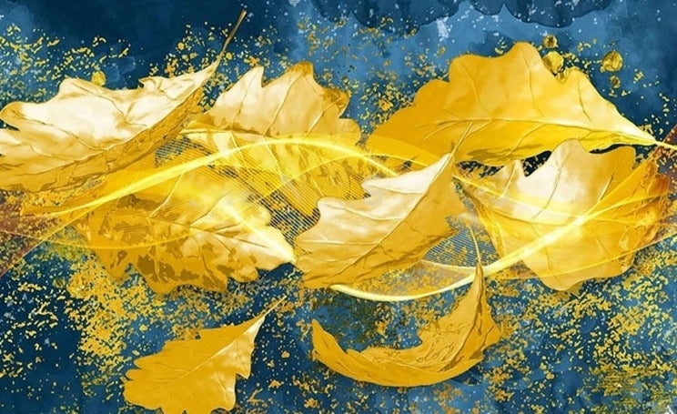 Abstract Golden Falling Oak Leaves Wallpaper Mural, Custom Sizes Available