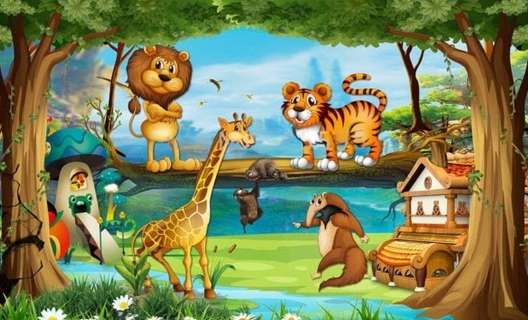 Mural de fondo de bosque de dibujos animados, tamaños personalizados disponibles