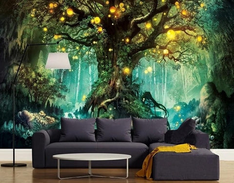 Image of Mural de papel pintado Árbol iluminado encantado, tamaños personalizados disponibles
