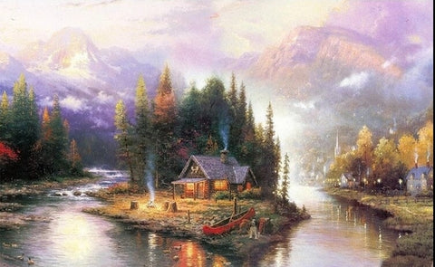 Image of Idyllic Cabin On a River Wallpaper Mural, Custom Sizes Available