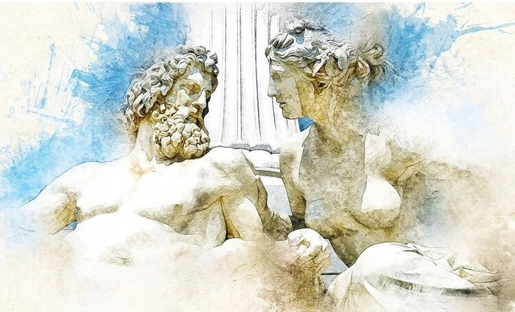 Watercolor Version of "Zeus's Lovers" Sculpture Wallpaper Mural, Custom Sizes Available