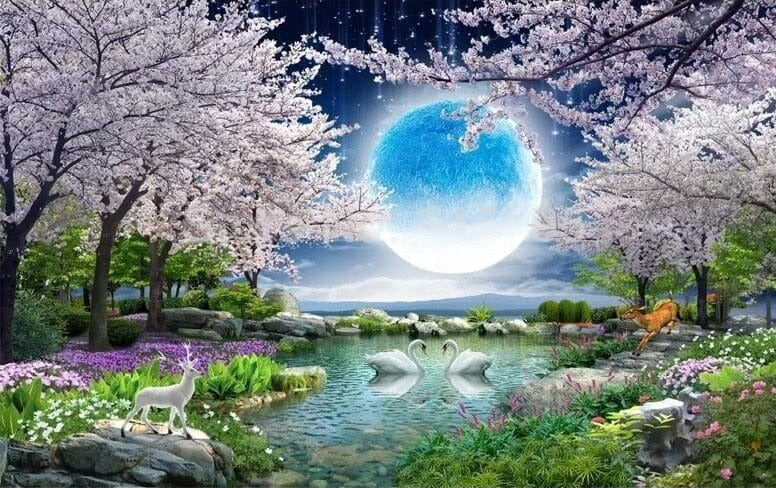 Moon and Cherry Blossoms Tree Fantasy Wallpaper Mural, Custom Sizes Available
