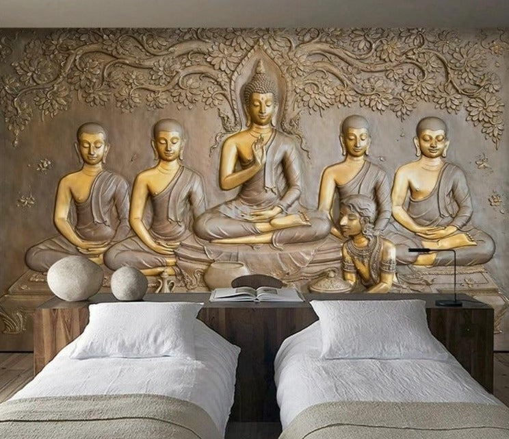 Golden Buddha Relief Wallpaper Mural, Custom Sizes Available