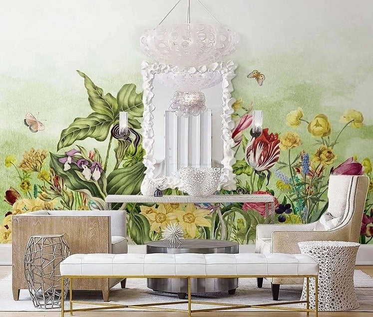 Beautiful Hand-Painted Flowers and Butterflies Wallpaper Mural, Custom Sizes Available