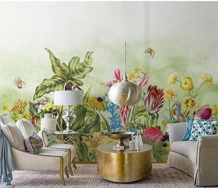 Beautiful Hand-Painted Flowers and Butterflies Wallpaper Mural, Custom Sizes Available