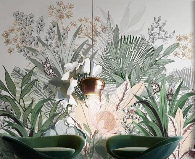 Nordic Hand Painted Tropical Wallpaper Mural, Custom Sizes Available