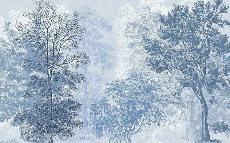 Blue Tint Forest Landscape Wallpaper Mural, Custom Sizes Available