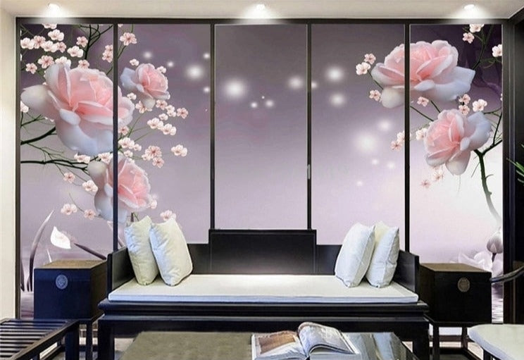 Enchanting Pink Spray Roses Wallpaper Mural, Custom Sizes Available