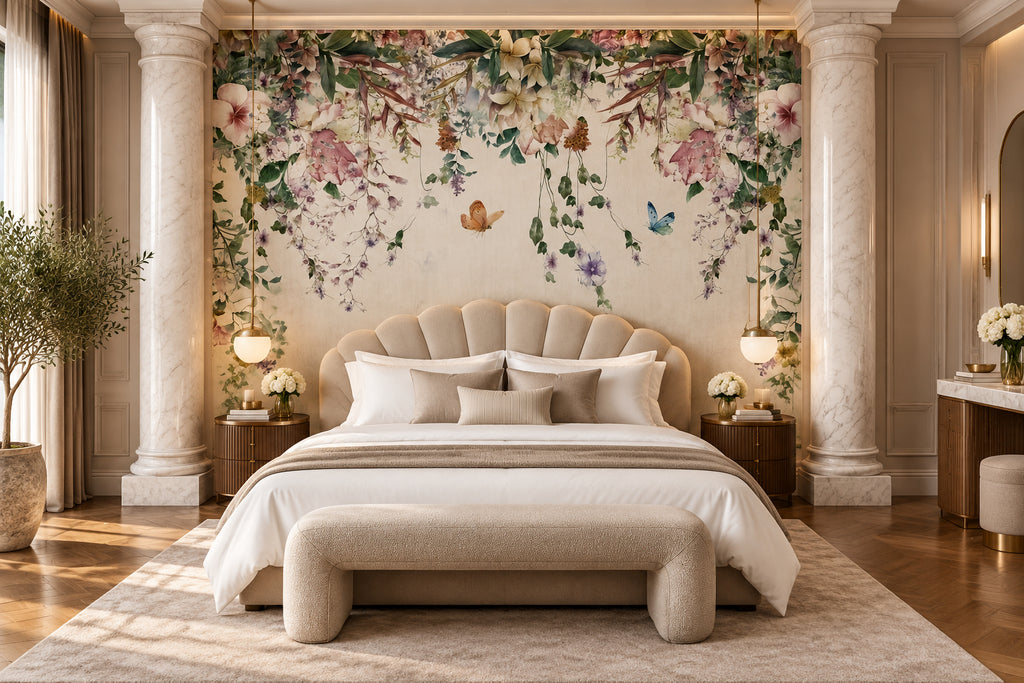 Blooming Vines and Butterflies Wallpaper Mural, Custom Sizes Available