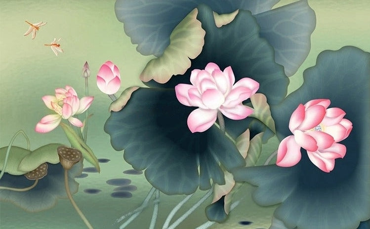Chinese Style Lotus Flowers Wallpaper Mural, Custom Sizes Available