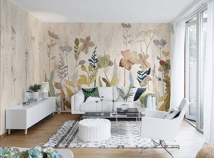 Hand-Painted Garden Flower Wallpaper Mural, Custom Sizes Available
