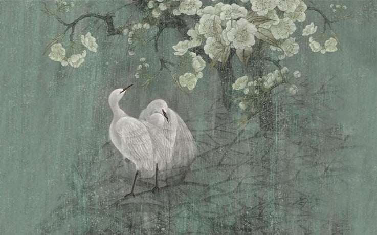 Chinese Hand Painted Flowers And Cranes Wallpaper Mural, Custom Sizes Available