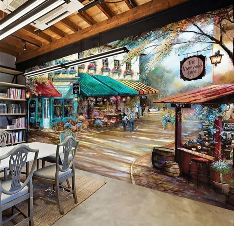 Mural pintado a mano con ciudad retro y cafetería, tamaños personalizados disponibles