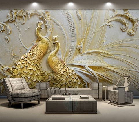 Exquisite Golden Peacocks Relief Wallpaper Mural, Custom Sizes Available