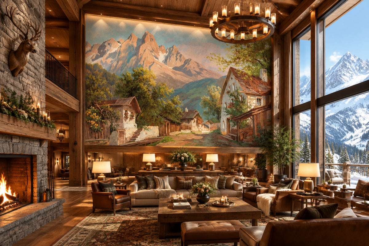 Pastoral Old Village Painting Wallpaper Mural, Custom Sizes Available