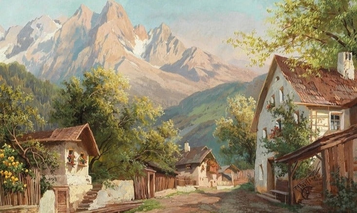 Pastoral Old Village Painting Wallpaper Mural, Custom Sizes Available