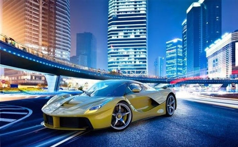 Image of Sleek Yellow Sports Car City Night Wallpaper Mural, Custom Sizes Available
