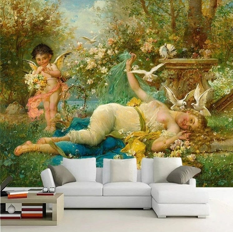Cupid and Psyche Oil Painting Wallpaper Mural, Custom Sizes Available
