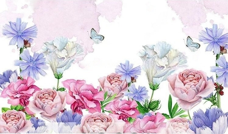 Hand-Painted Pastel Flowers Wallpaper Mural, Custom Sizes Available