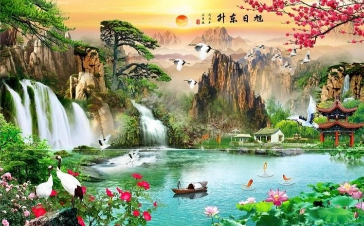 Inspiring Idyllic Chinese Waterfalls and Mountains Wallpaper Mural, Custom Sizes Available