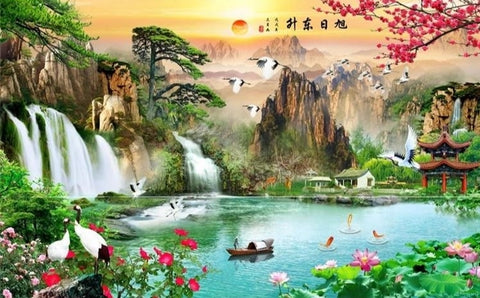 Image of Inspiring Idyllic Chinese Waterfalls and Mountains Wallpaper Mural, Custom Sizes Available