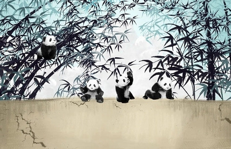Cute Pandas in a Bamboo Forest Wallpaper Mural, Custom Sizes Available