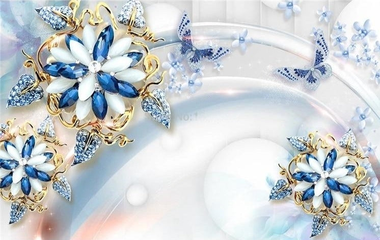 Blue and White Floral Jewelry Wallpaper Mural, Custom Sizes Available