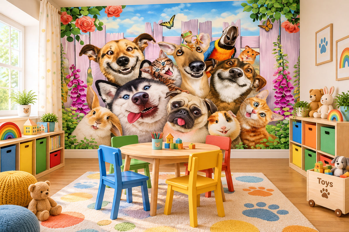 Perros, gatos, mural de dibujos animados de animales, tamaños personalizados disponibles