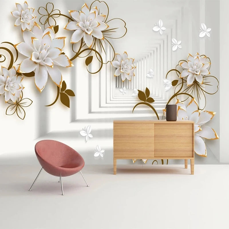 Lovely Gold-Tipped Flowers Wallpaper Mural, Custom Sizes Available