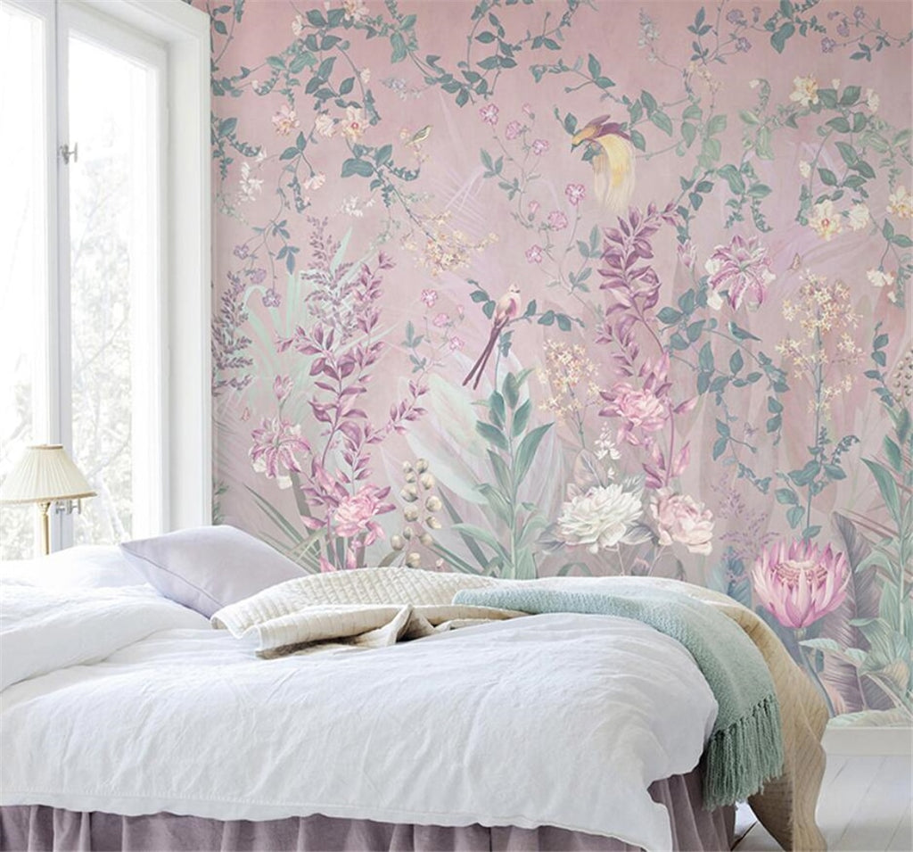 Elegant Flowers and Birds Wallpaper Murals, Custom Sizes Available