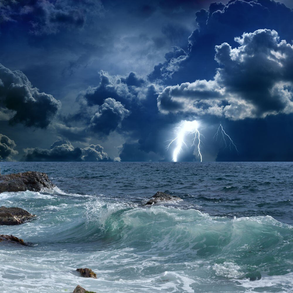 Raging Lightning Storm Off-Shore Wallpaper Mural, Custom Sizes Available