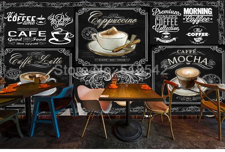 Retro Coffee Shop Design Wall Mural, Custom Sizes Available, Free shipping