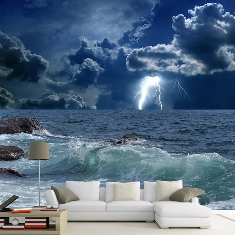 Image of Raging Lightning Storm Off-Shore Wallpaper Mural, Custom Sizes Available