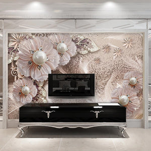 Luxurious Pearl and Diamonds Floral Background Wallpaper Mural, Custom Sizes Available