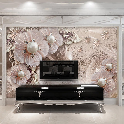 Image of Luxurious Pearl and Diamonds Floral Background Wallpaper Mural, Custom Sizes Available