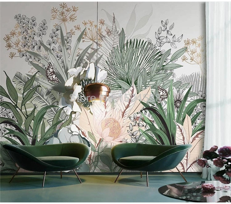 Nordic Hand Painted Tropical Wallpaper Mural, Custom Sizes Available