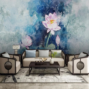 Alluring White Waterlily Painting Wallpaper Mural, Custom Sizes Available