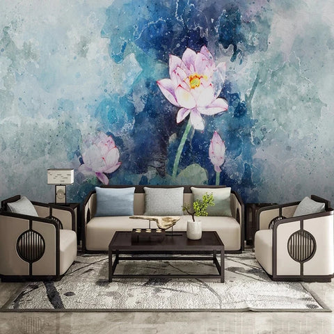 Image of Alluring White Waterlily Painting Wallpaper Mural, Custom Sizes Available