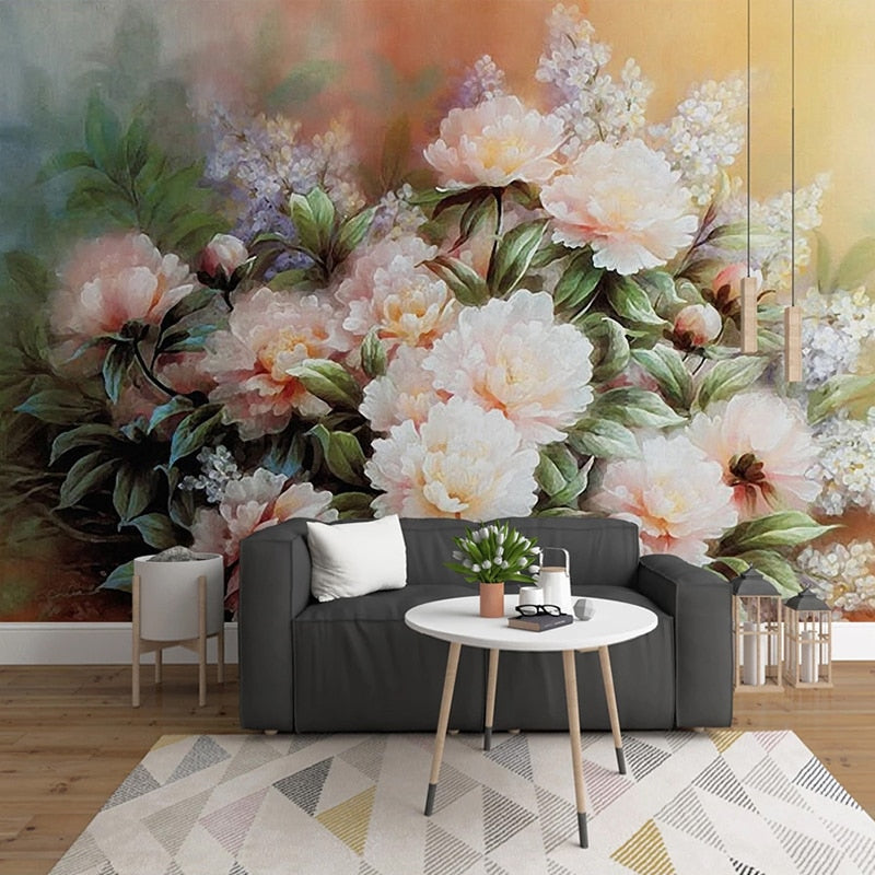 Lovely Watercolor Peach Peonies Bouquet Wallpaper Mural, Custom Sizes Available